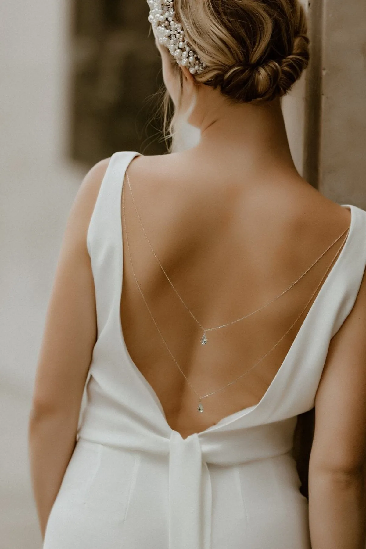 Brautschmuck, zweireihige Rückenkette mit Strasstropfen>La Chia Sale