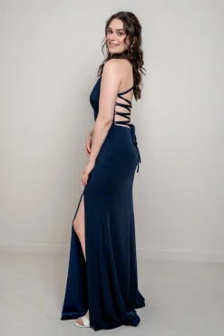 Dunkelblaues Abendkleid mit Rückenschnürung | ><noscript><img width=