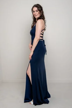 Dunkelblaues Abendkleid mit Rückenschnürung | ><noscript><img width=