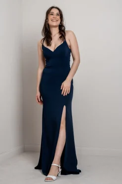 Dunkelblaues Abendkleid mit Rückenschnürung | ><noscript><img width=