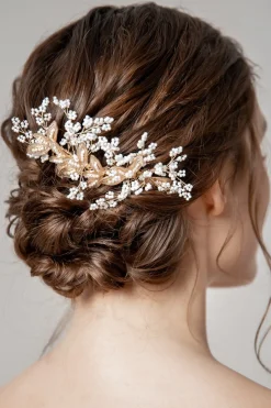 Glamouröser Haarkamm mit weißen Perlen und goldenen Blättern>Fräulein Maya Online