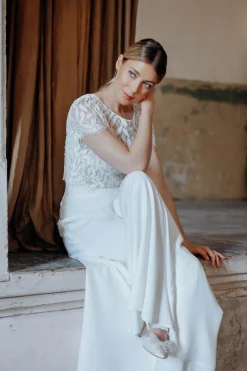 Kurzarm-Braut Top mit Blättermuster – Elva><noscript><img width=