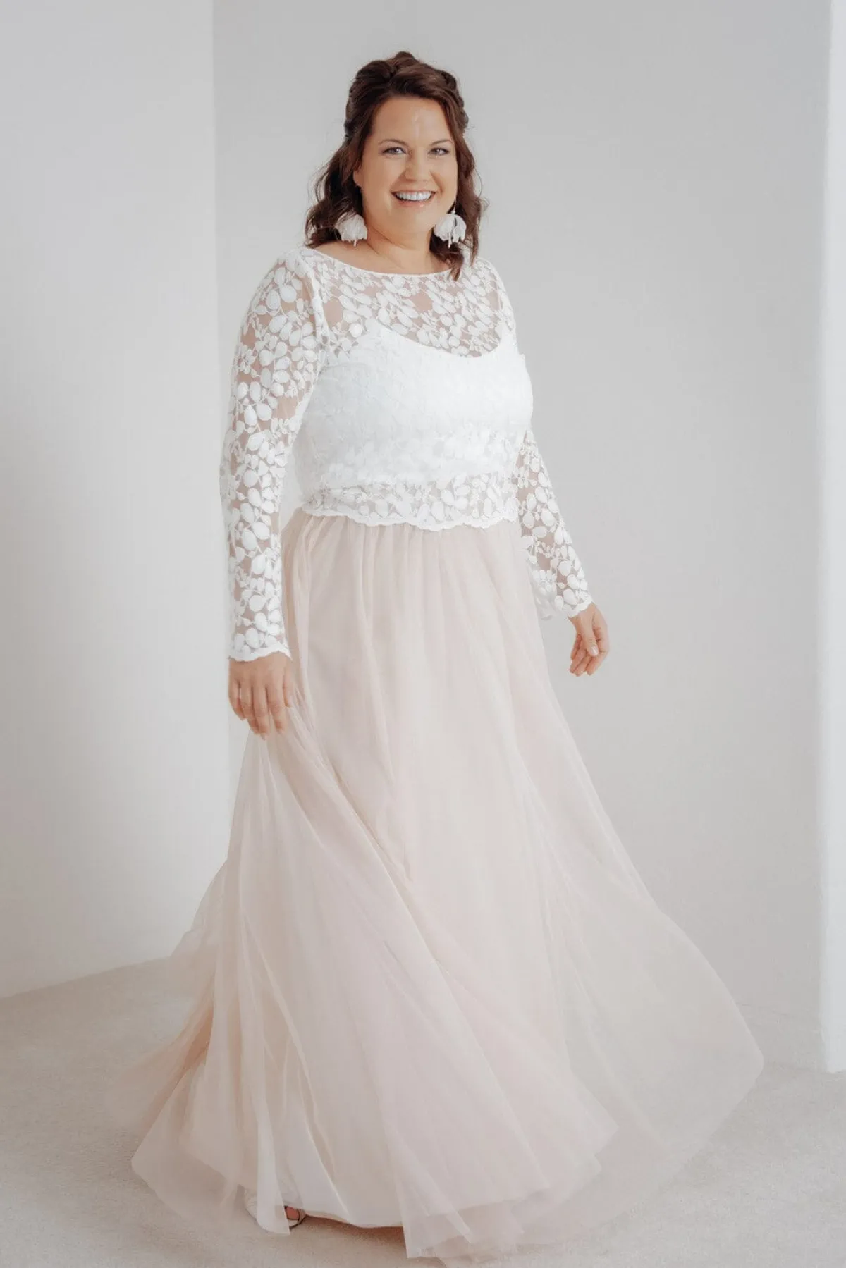 Langer Braut Rock aus fließendem Softtüll in Blush – India Curvy>noni