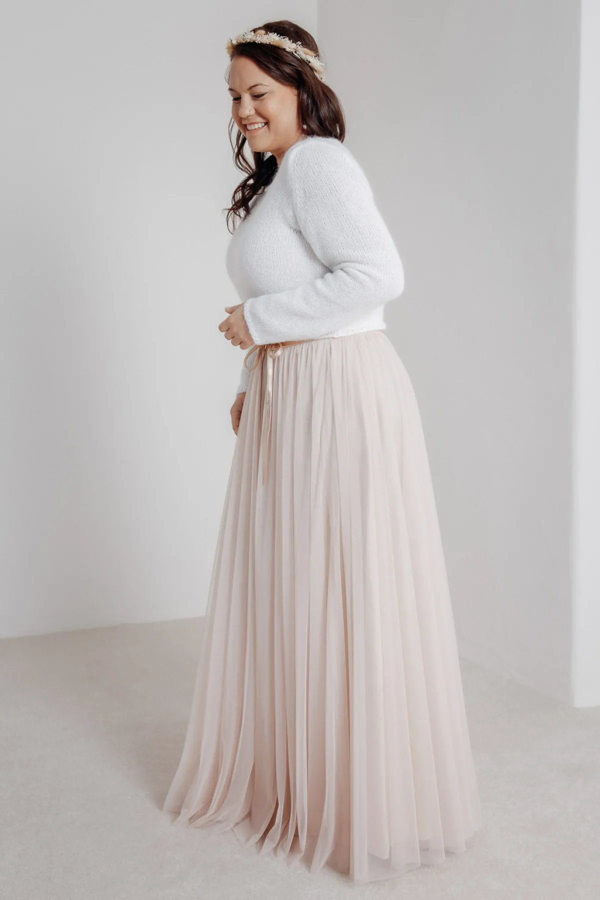 Langer Braut Rock aus fließendem Softtüll in Blush – India Curvy>noni