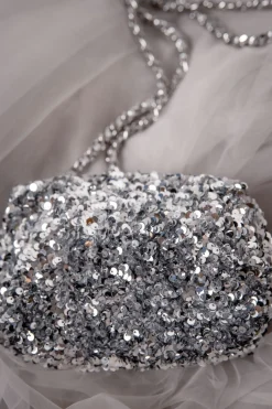 Silberne Handtasche mit Pailletten –>Abro