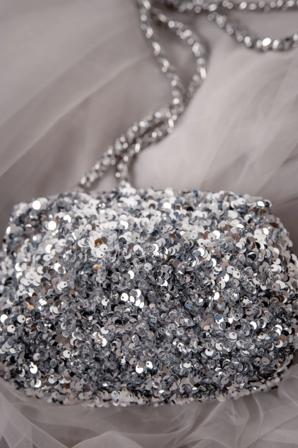 Silberne Handtasche mit Pailletten –>Abro