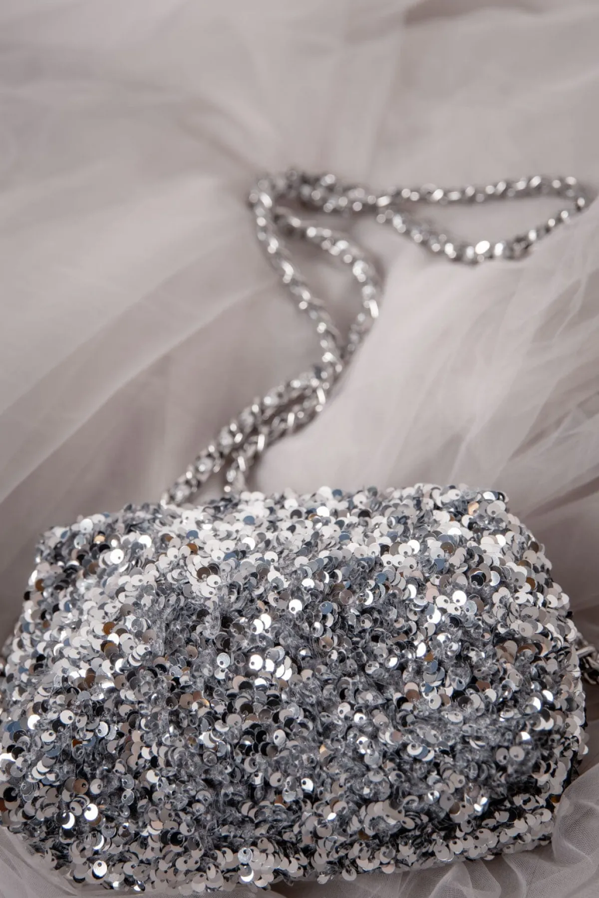 Silberne Handtasche mit Pailletten –>Abro